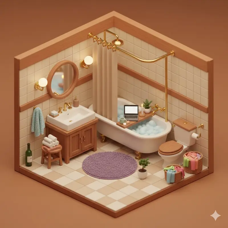 پیش‌نمایش Isometric Cozy Bathroom Diorama Prompt