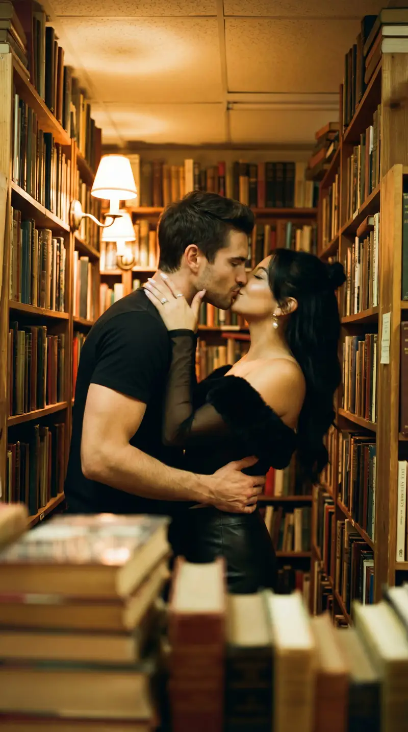 Preview of Photorealistic Cinematic Kiss in a Cozy Bookstore Aisle