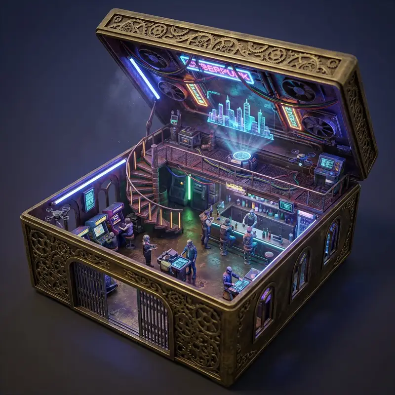 Preview of Ornate Box Diorama Prompt (Cyberpunk Pub)