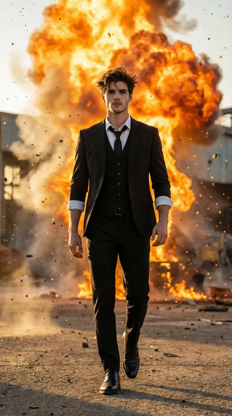 Preview of Action Hero Walking Away from Explosion Prompt (Image-to-Image)