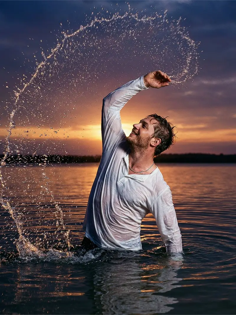 Preview of Cinematic Sunset Water Splash Portrait