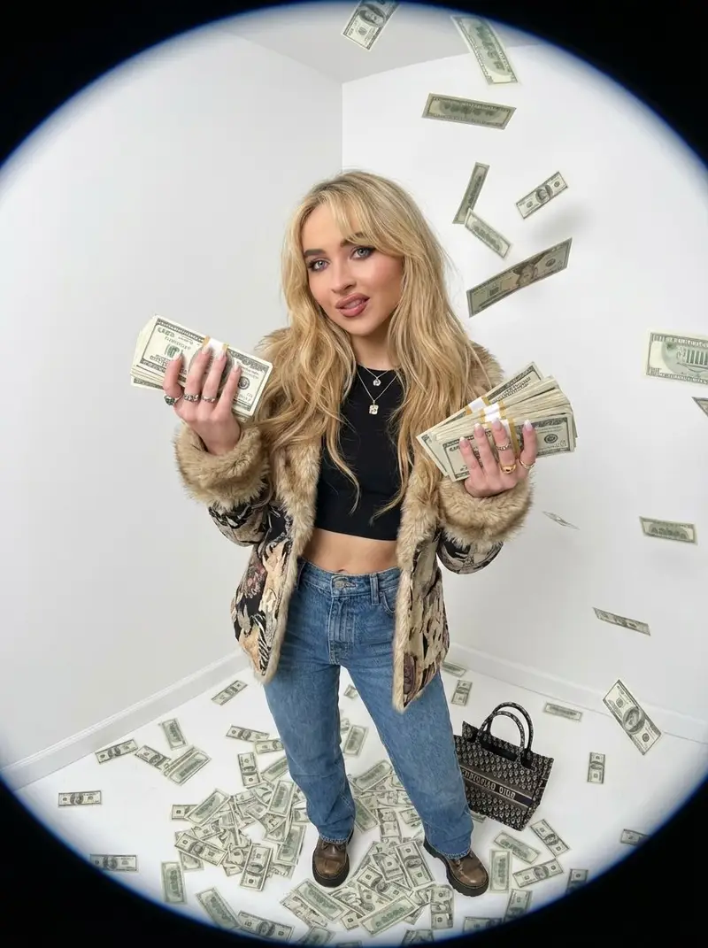 Preview of Fisheye portrait with money in a white studio