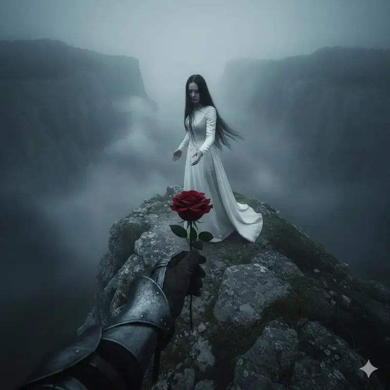 Preview of Haunting Cinematic Cliff Scene with Red Rose