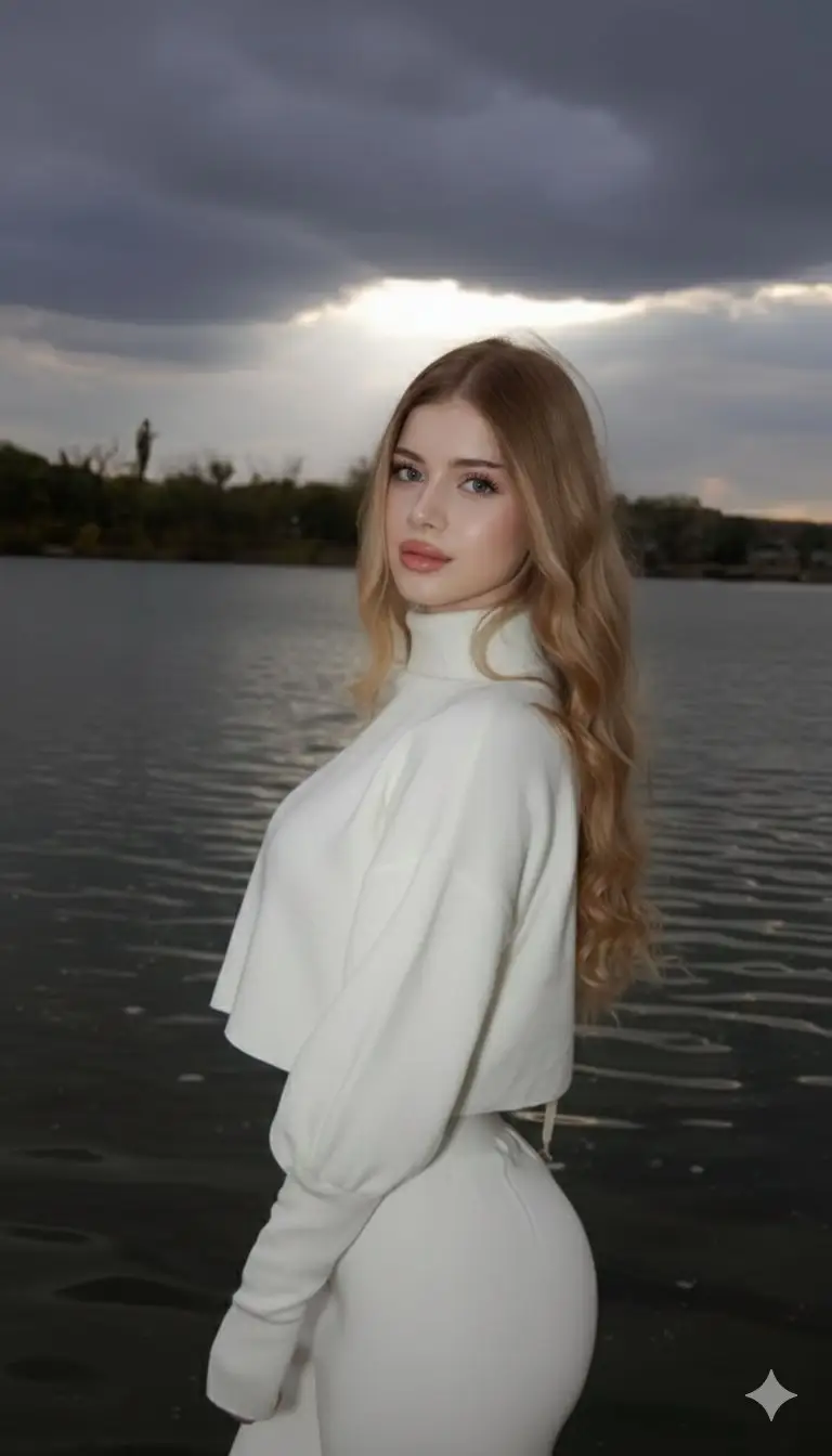Preview of Cinematic Lakeside Fashion Portrait Prompt (Golden Hour)