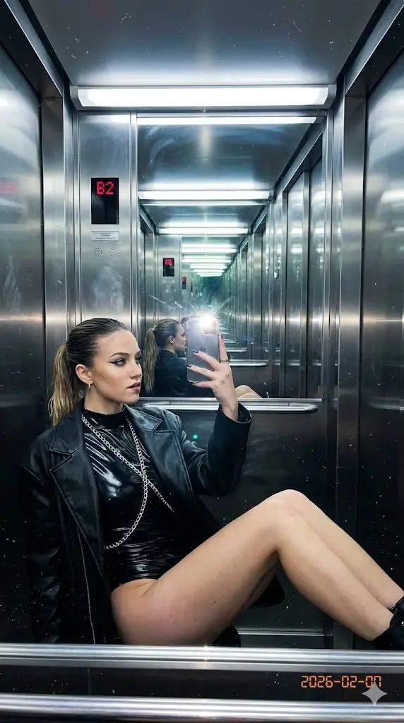 Preview of Raw Flash Mirror Selfie in Mirrored Elevator