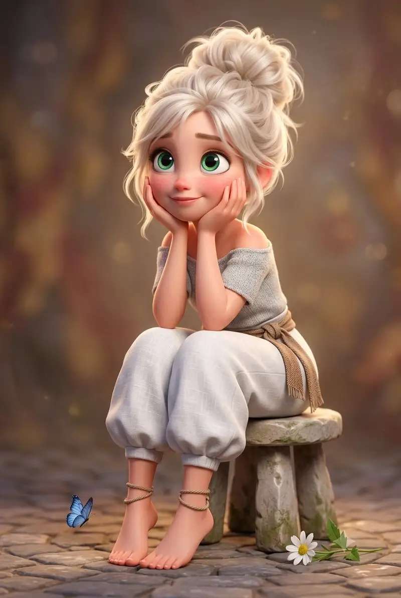 Preview of 3D Stylized Cartoon Girl on Stone Stool