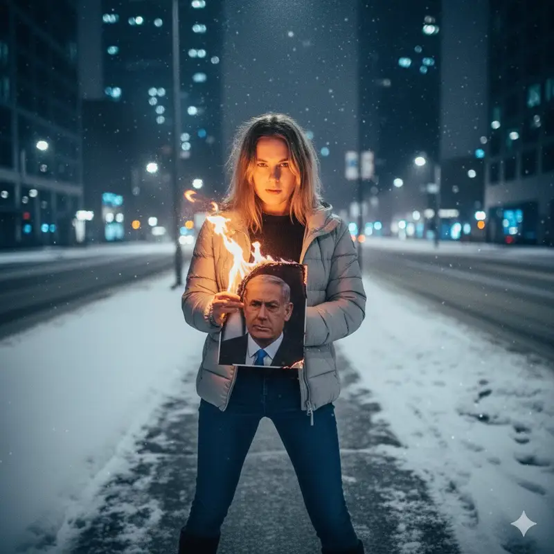 پیش‌نمایش Defiant Woman Lighting Cigarette with Burning Photo