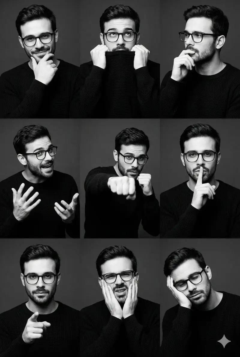 Preview of Black and White Male Editorial Portrait Collage JSON Prompt