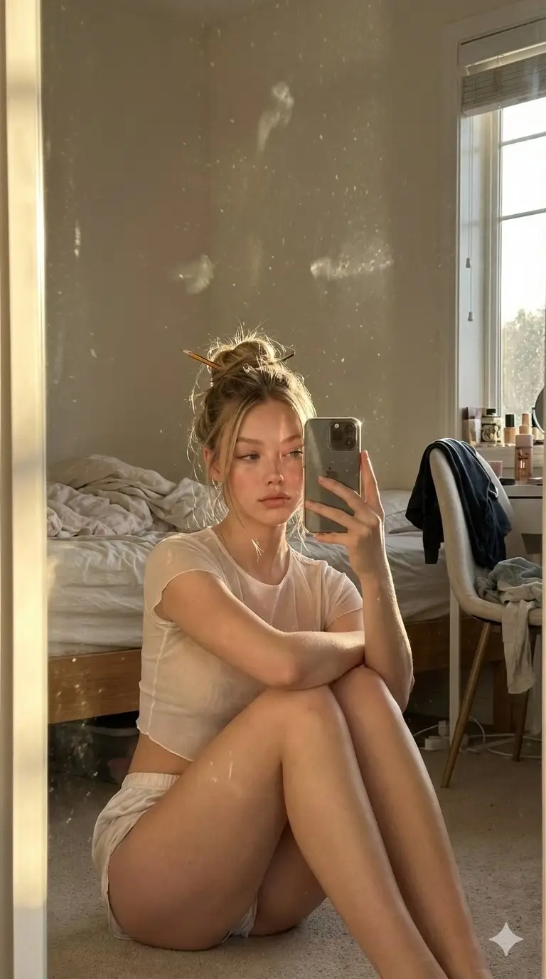 Preview of Candid Golden Hour iPhone Mirror Selfie in a Messy Bedroom