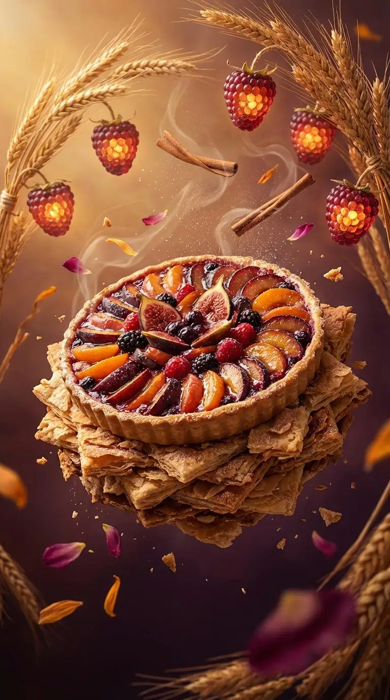 پیش‌نمایش Rustic Fruit Tart Floating in a Dream Orchard (Video Prompt)