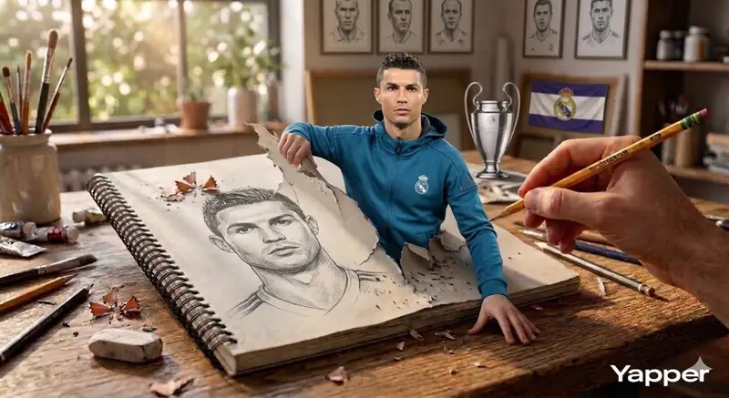 Preview of Surreal 3D Art of Messi and Ronaldo Emerging from a Sketchbook
