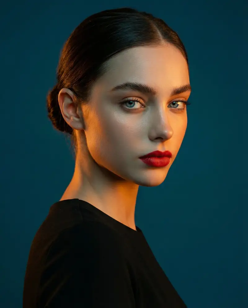پیش‌نمایش High-Contrast Studio Portrait with Teal and Orange Light