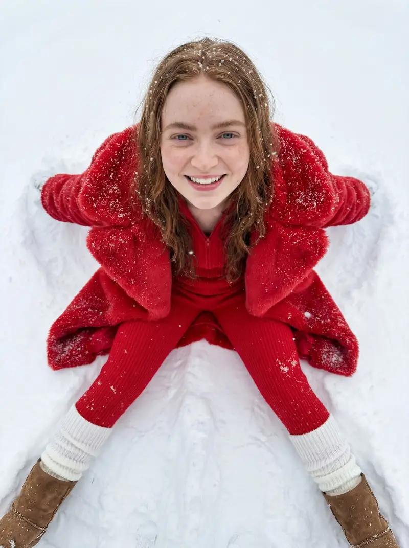 پیش‌نمایش Sadie Sink Macro-Portrait in Snow JSON Prompt