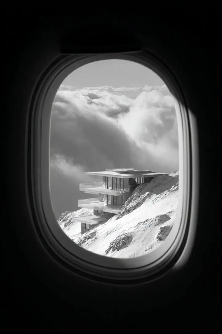 Preview of Black and White Futuristic House from Airplane Window