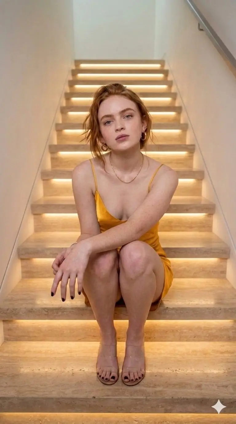 Preview of Sadie Sink in Yellow Slip Dress on Illuminated Stairs
