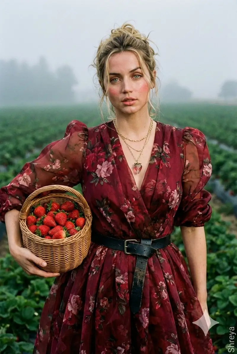 Preview of High-Fashion Strawberry Harvest Portrait Prompt