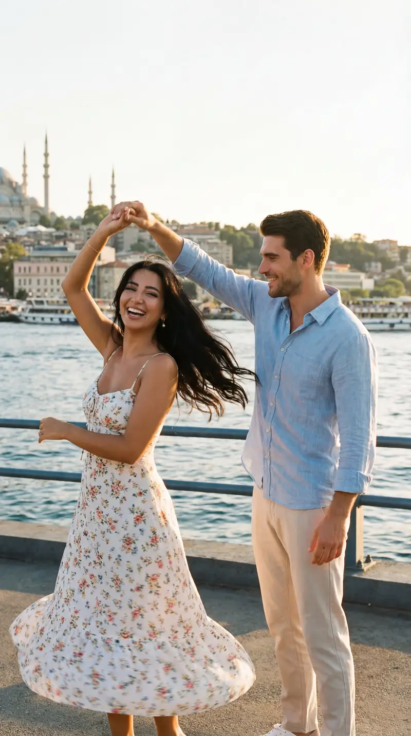 Preview of Cinematic Romance: Couple Dancing at Istanbul Sunset