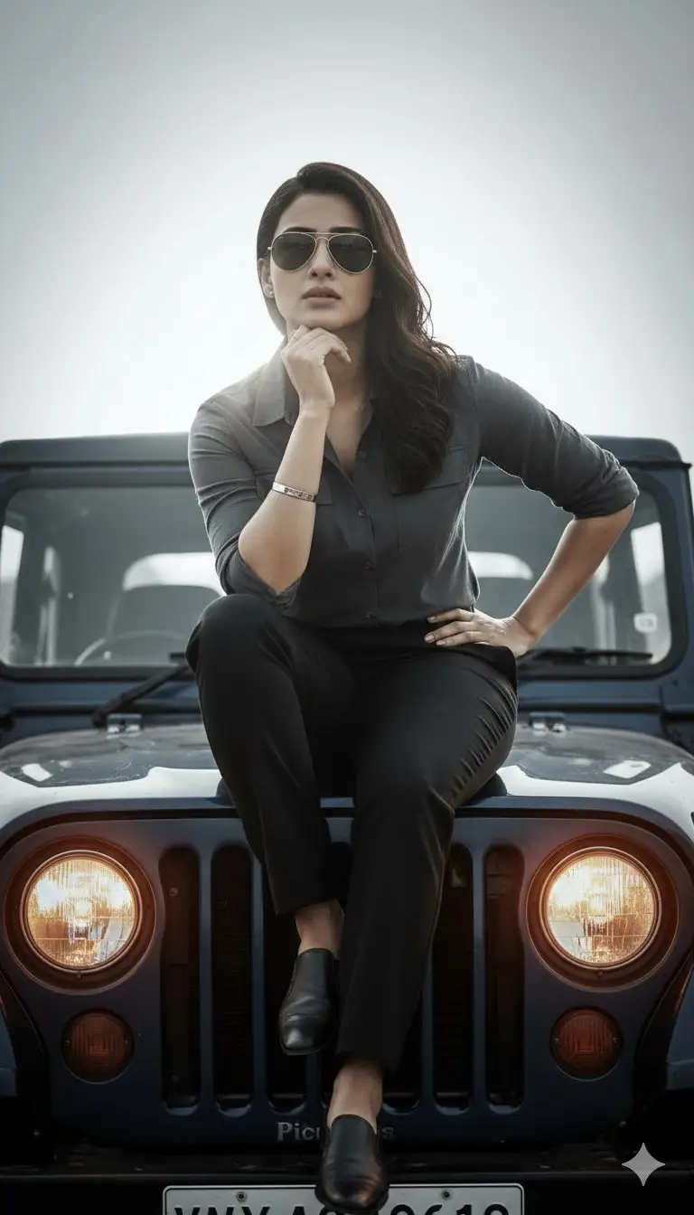 Preview of Hyper-Realistic Cinematic Portrait on a Jeep Hood Prompt