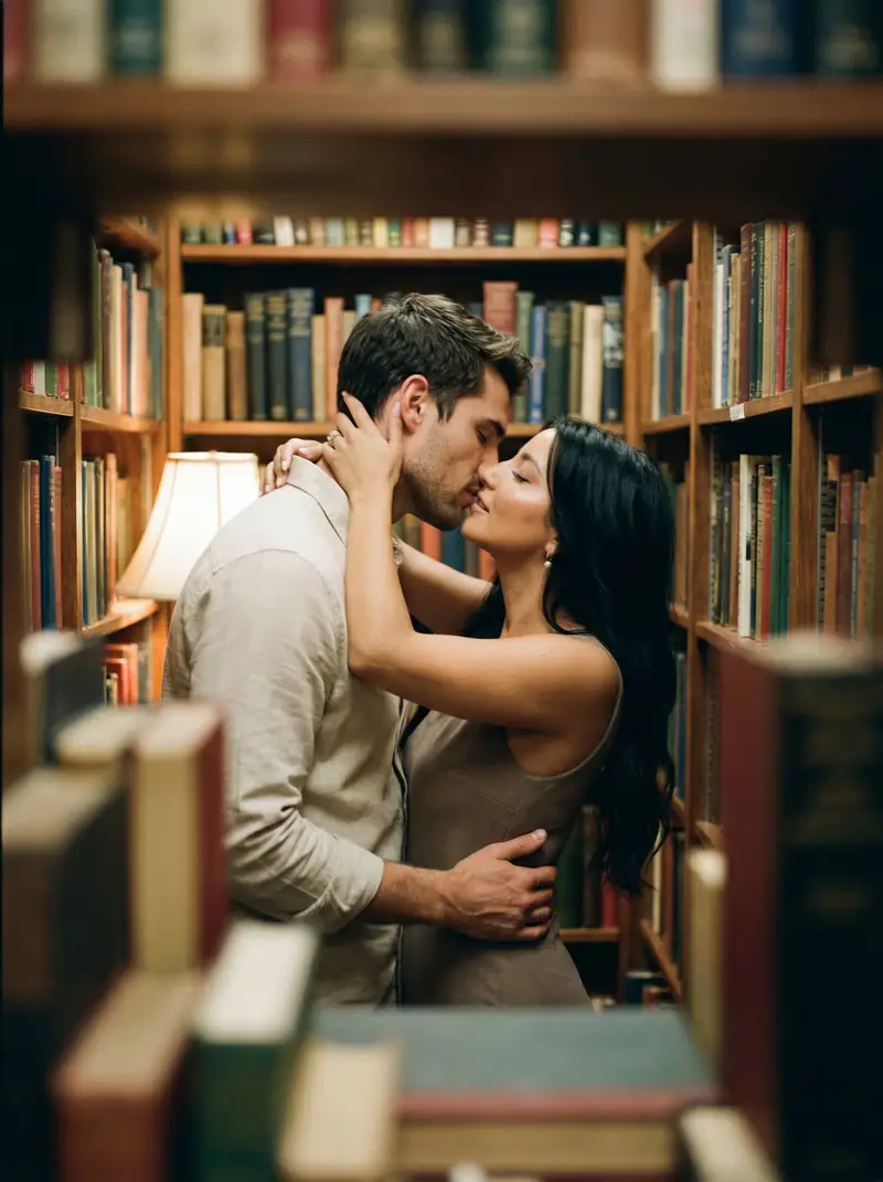 Preview of Analog Film Kiss in a Bookstore Aisle