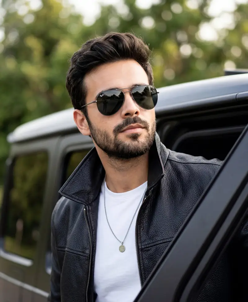 Preview of Cinematic Portrait of Man in Leather Jacket and Sunglasses