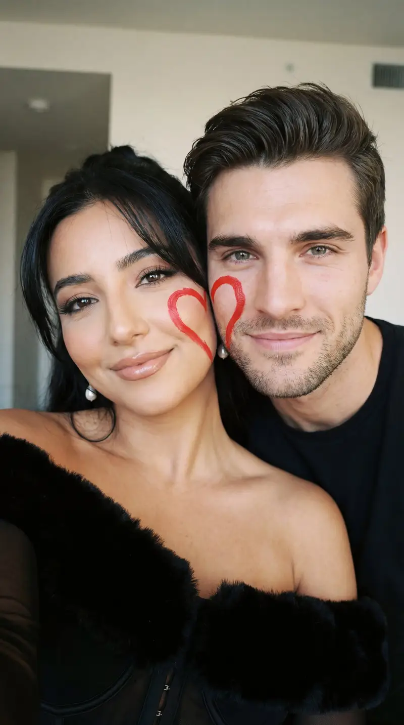 Preview of Ultra-Close Photorealistic Couple Selfie with Heart Cheek Paint