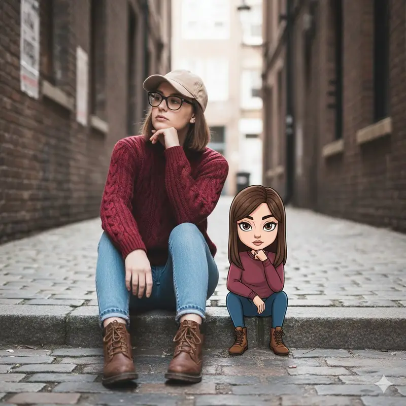 پیش‌نمایش Cinematic Street Portrait with Whimsical Illustrated Avatar