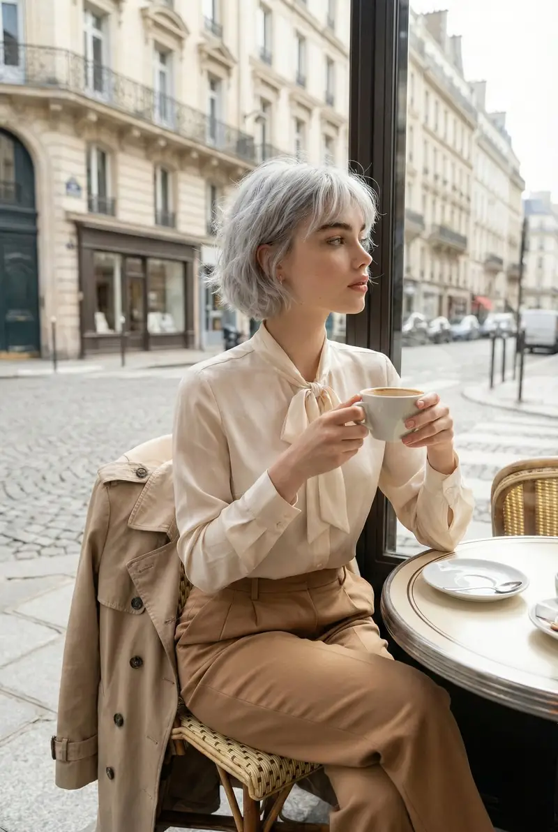پیش‌نمایش Candid Parisian Café Portrait with Silver Hair