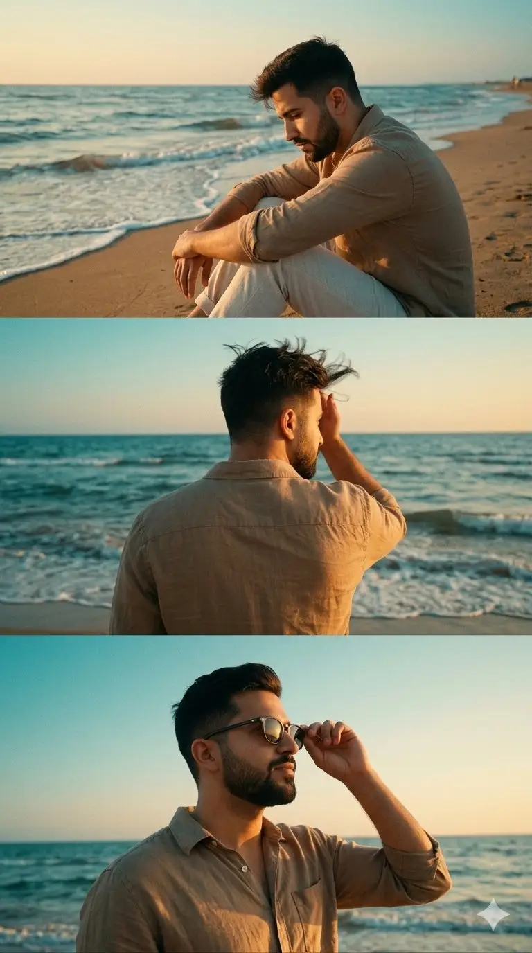 Preview of Cinematic Vertical Collage of a Stylish Man at the Beach