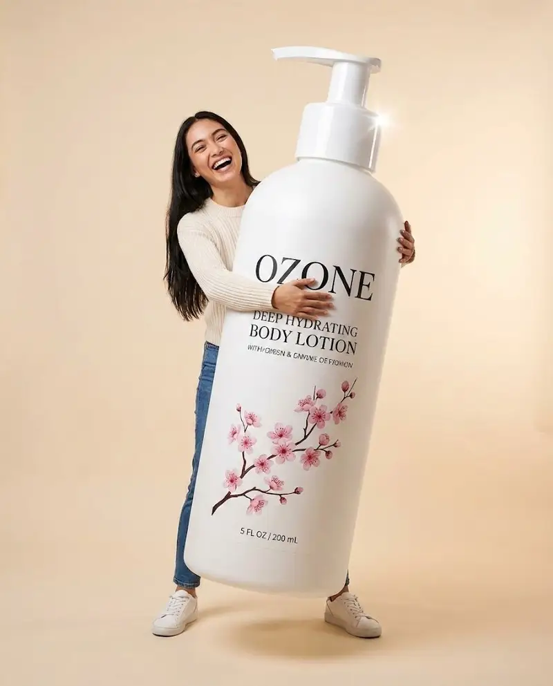 Preview of Studio Commercial Shot of Woman Hugging Giant Lotion Bottle