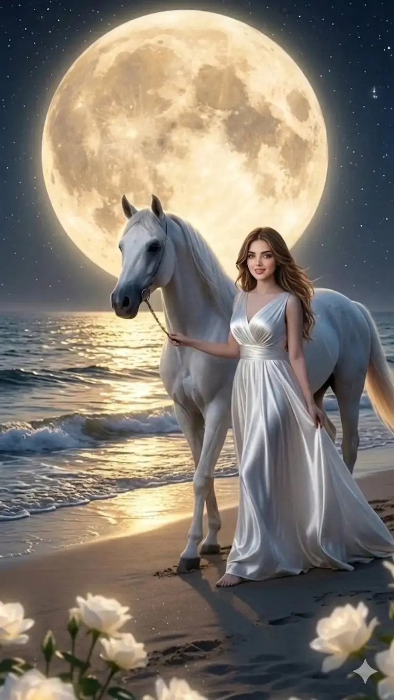 پیش‌نمایش پیاده‌روی اسب در ساحل مهتابی رویایی