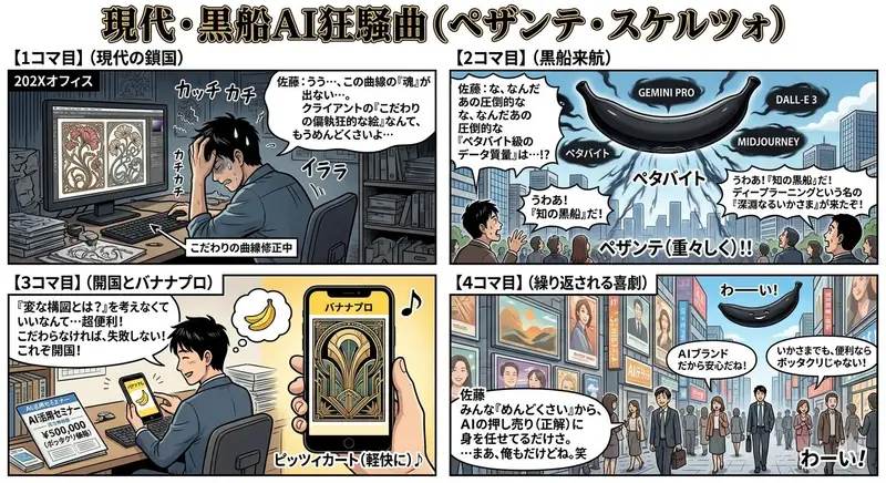 Preview of Four-Panel Manga Generation: Modern Black Ship AI Rhapsody