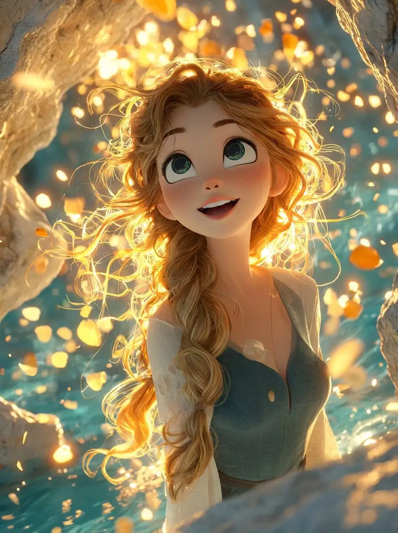 پیش‌نمایش Dreamy 3D Animated Girl in Magical Cave