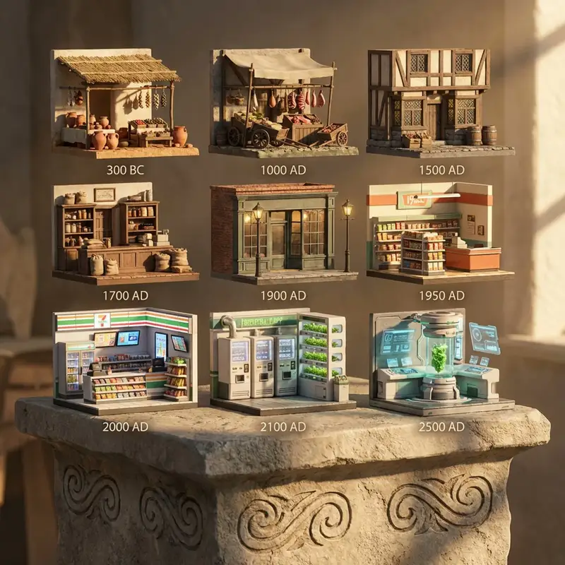 Preview of Evolution of Grocery Shops 3D Grid Prompt