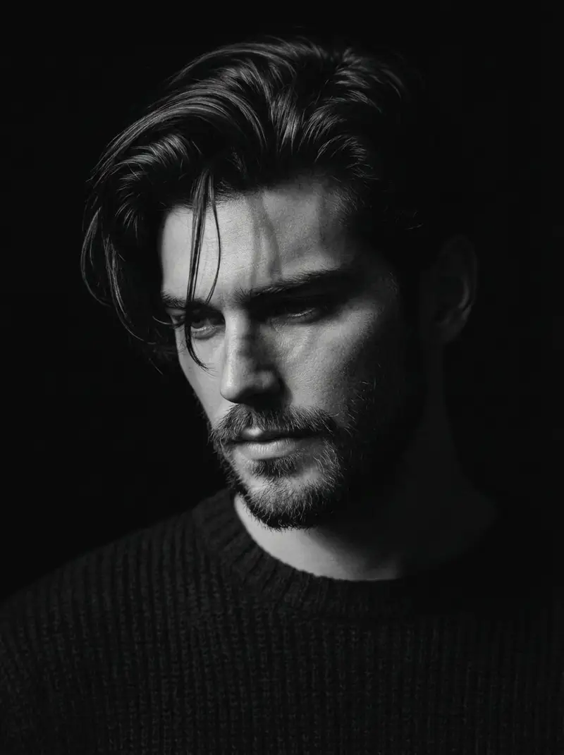 پیش‌نمایش Black and White Pensive Portrait with Single Light Beam