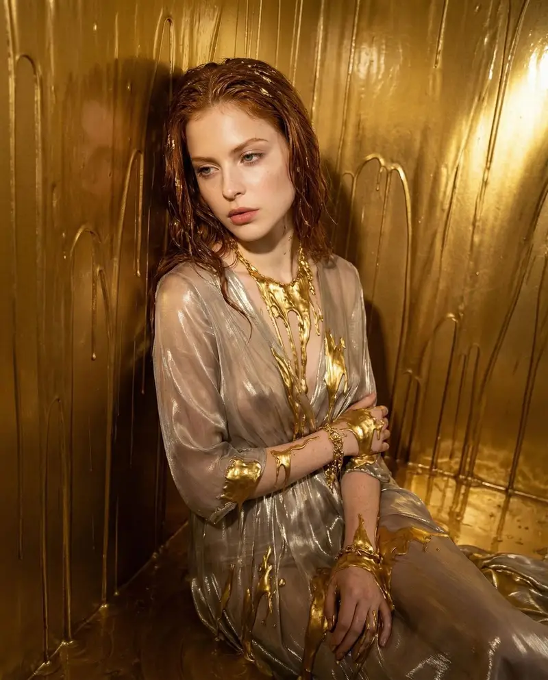 Preview of Surreal Molten Gold Editorial Portrait Prompt in JSON