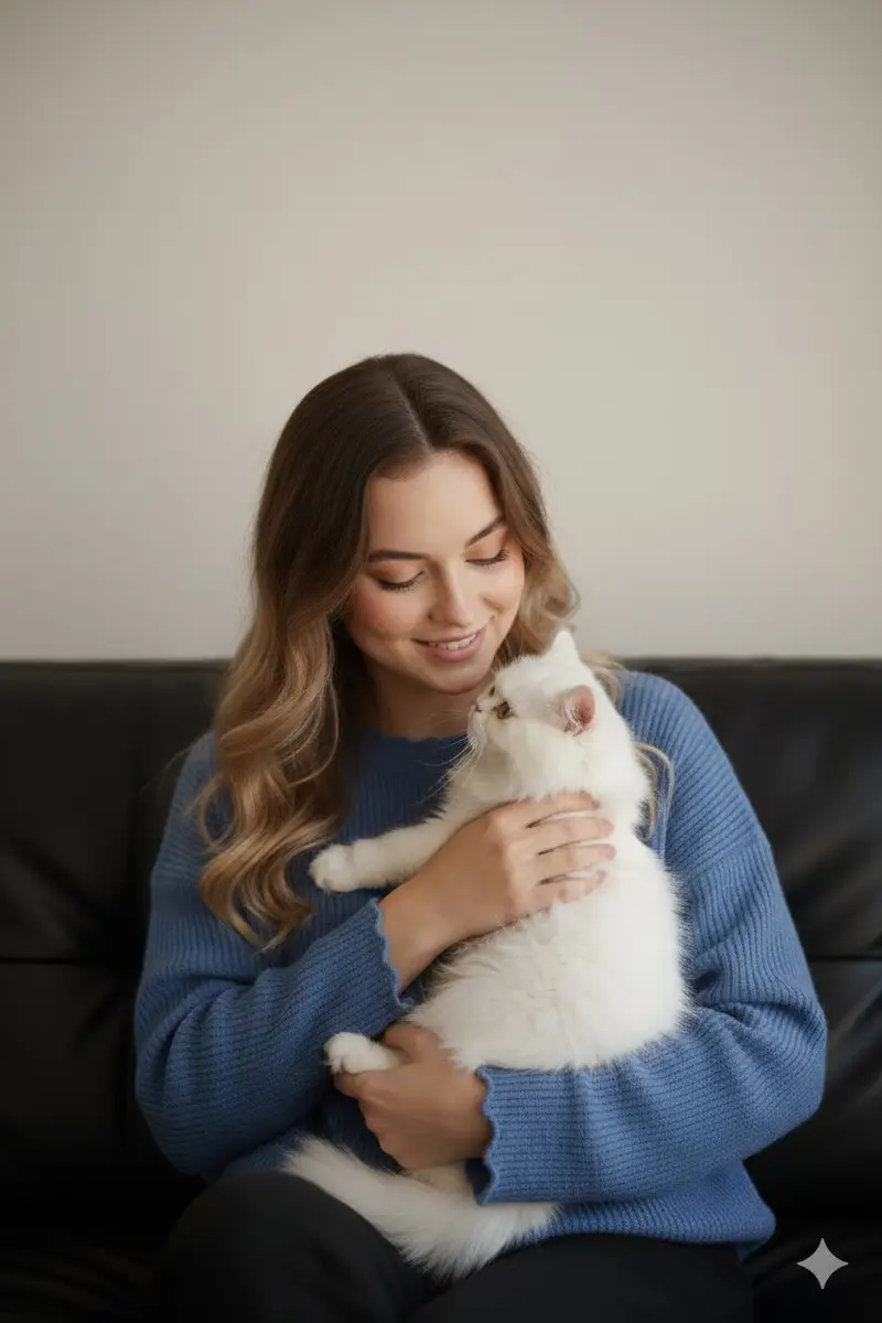 Preview of Ultra-Realistic Portrait of Woman Hugging a Persian Cat
