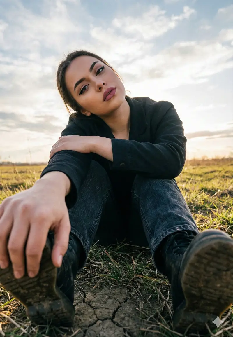 Preview of Cinematic Low Angle Portrait in a Dry Field