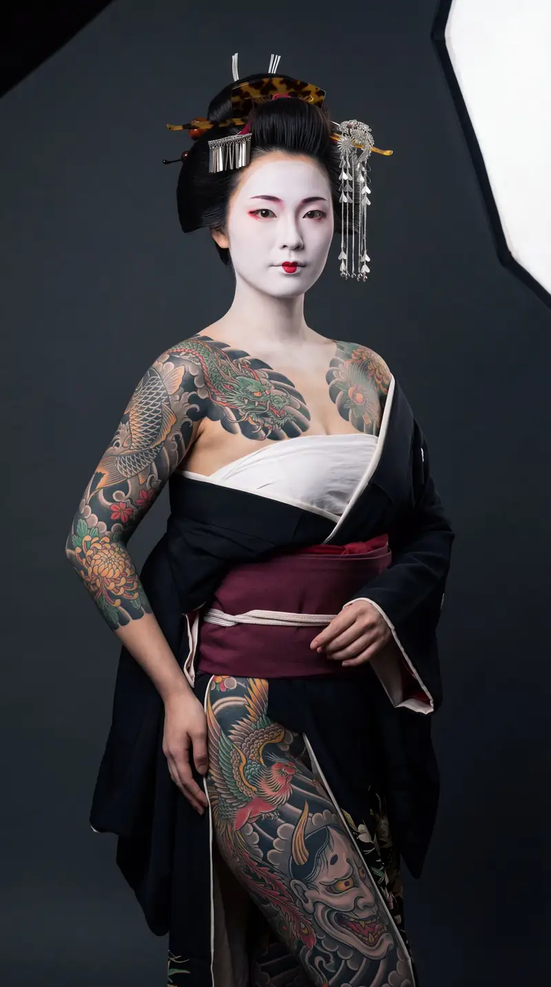 پیش‌نمایش High-Contrast Geisha Irezumi Portrait Prompt