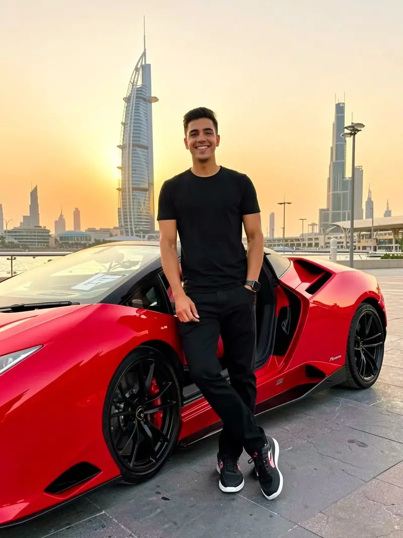 Preview of Cinematic Portrait with Lamborghini in Dubai Sunset