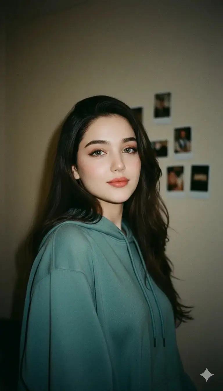 پیش‌نمایش Cinematic Indoor Portrait of a Woman in a Teal Hoodie (Two Variations)