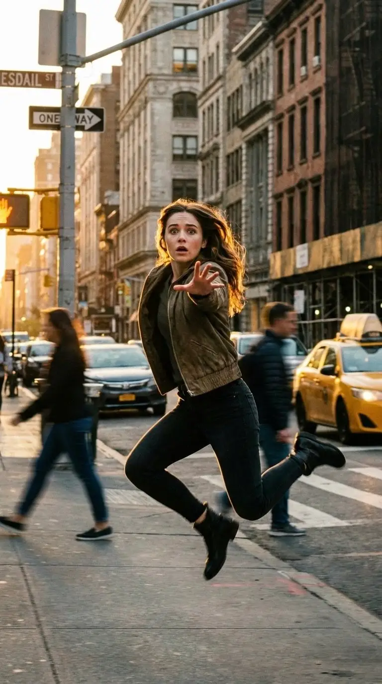 Preview of Cinematic Freeze-Frame Action Shot in NYC Prompt