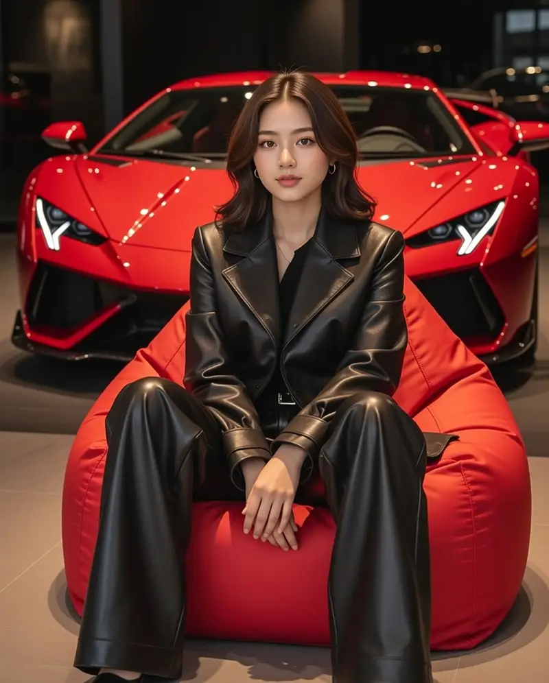 Preview of Luxury Showroom Scene with Red Supercar and All-Black Outfit