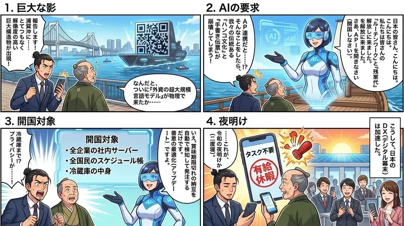 Preview of Four-Panel Manga Generation: AI Black Ship Arrival