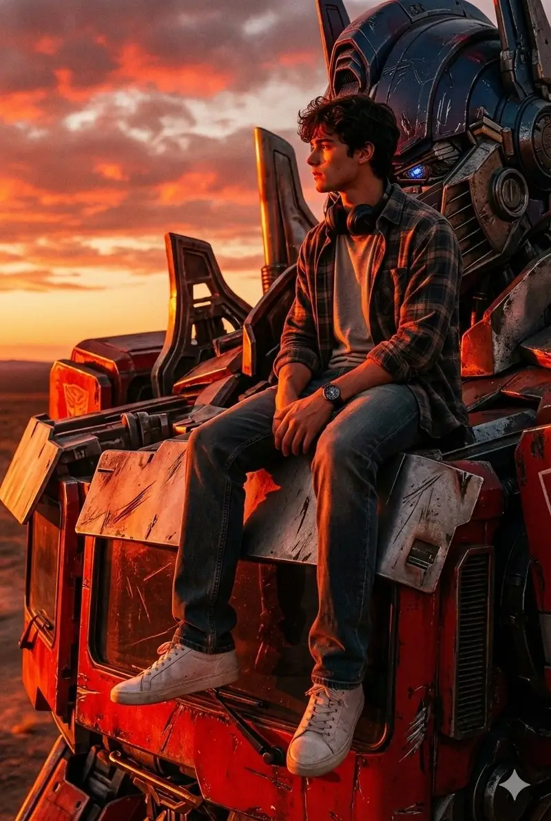 پیش‌نمایش Colossal Optimus Prime and Human Cinematic Photo Prompt