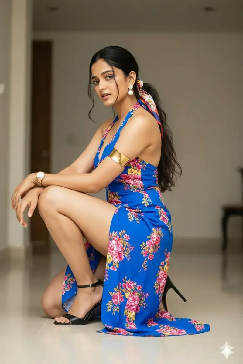 Preview of High-Fashion Editorial Portrait of Woman in Floral Halter Dress