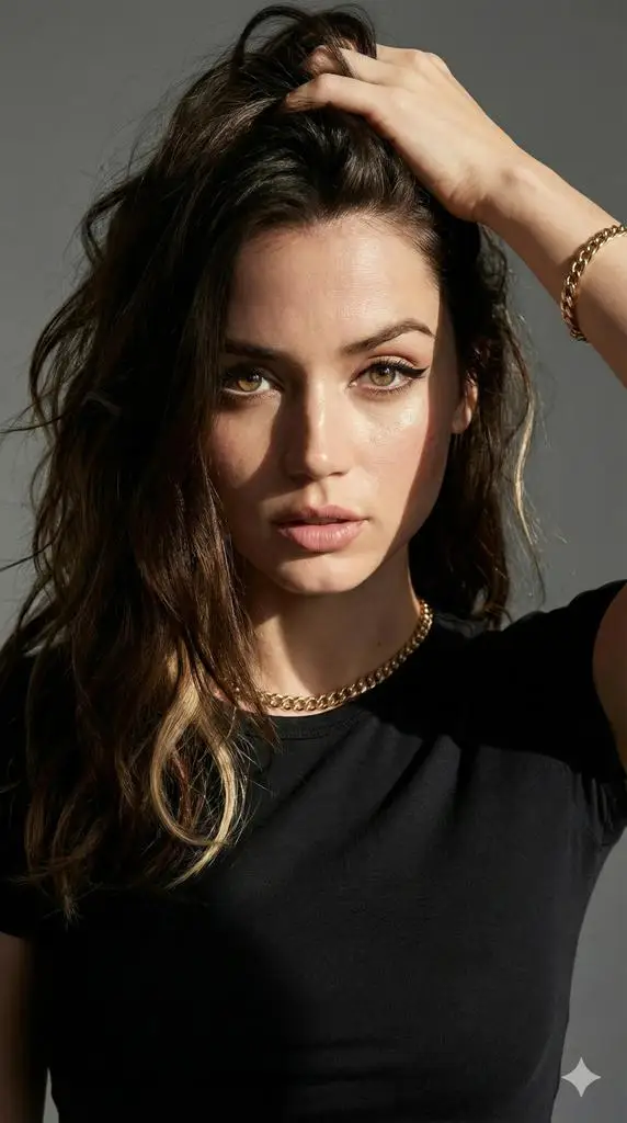 Preview of Hyper-realistic fashion portrait prompt for Ana de Armas style image generation