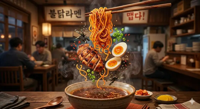 Preview of Cinematic Food Commercial Shot of Deconstructed Buldak Ramen