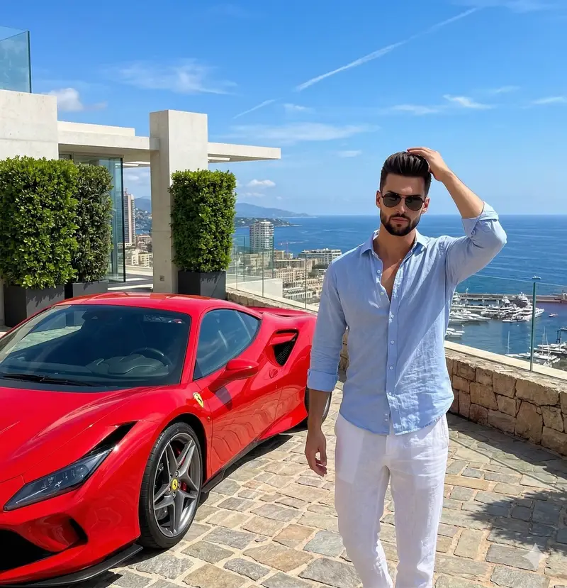 Preview of Luxury Lifestyle Photography Prompt: Man with Red Sports Car
