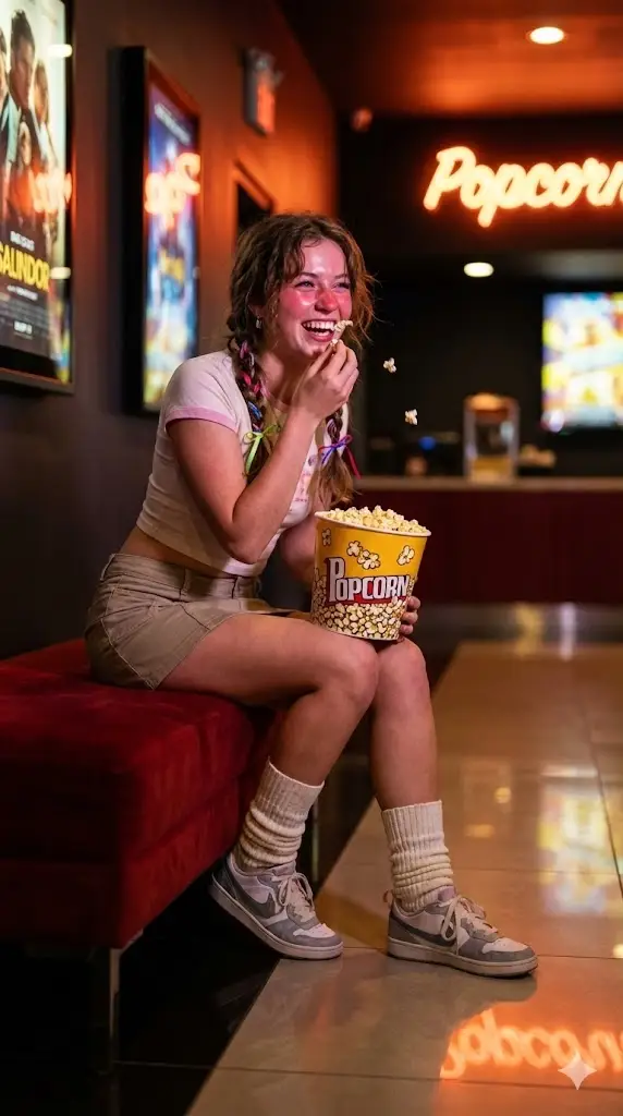 Preview of Candid Night Snapshot in a Retro Cinema Lobby