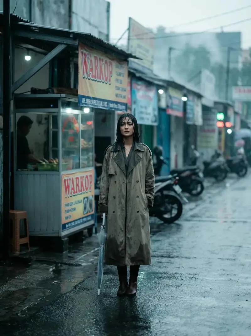 Preview of Rainy Indonesian Warkop Fashion Editorial Prompt